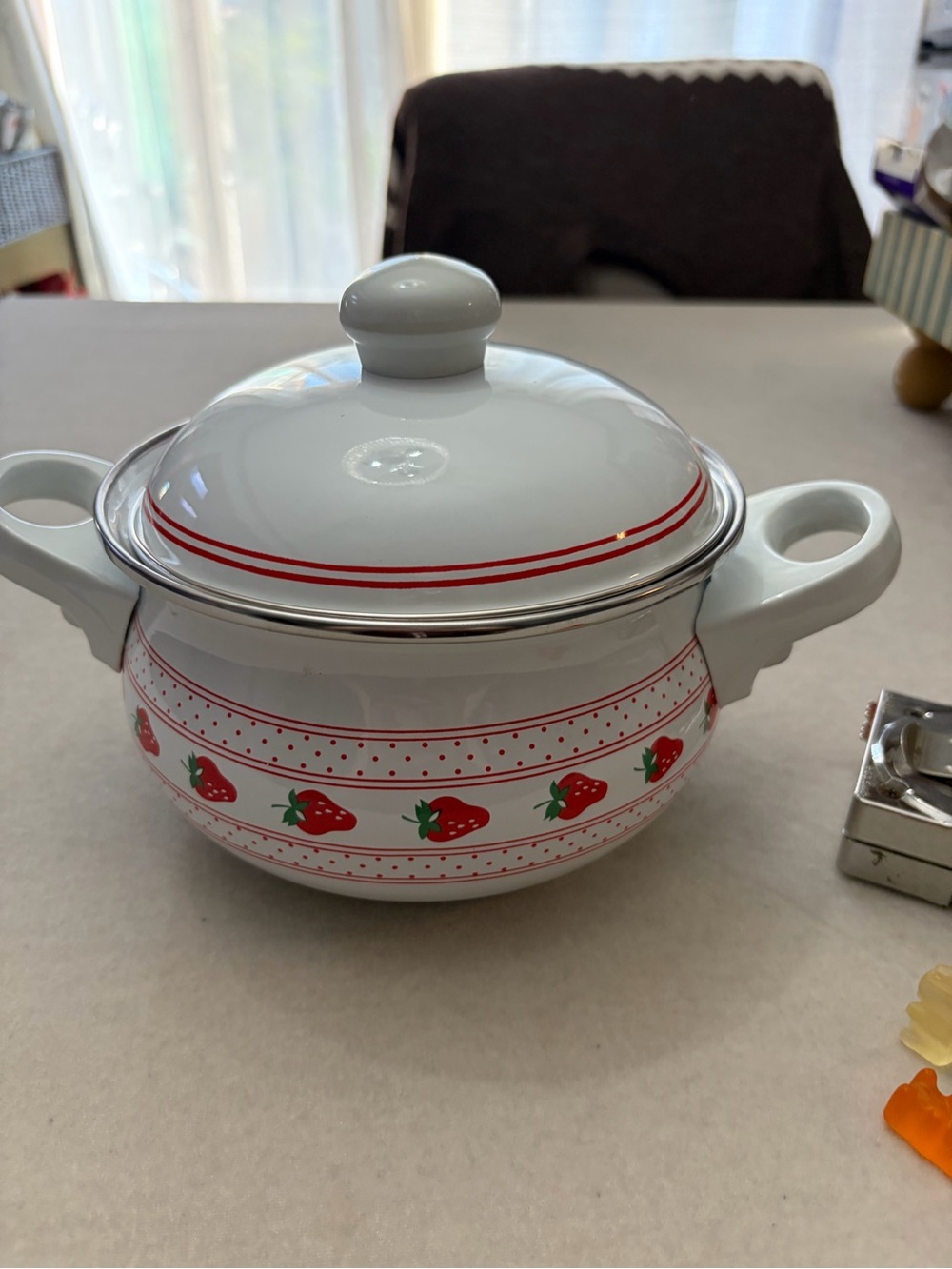 White Ceramic Soup Pot with Red Strawberry Accent and Lid
